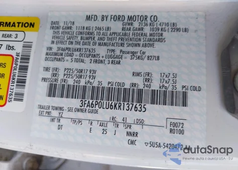 2019 Ford Fusion Hybrid Se из США, поврежденный, VIN 3FA6P0LU6KR137635